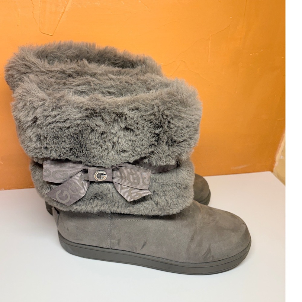 G by Guess Womens 9M Grey Faux Fur Trimmed Winter Boots Bow Logo